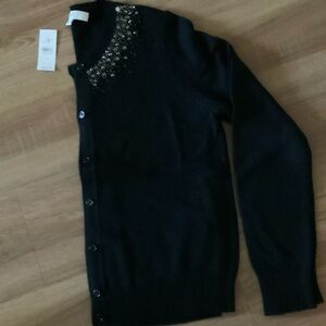 LOFT Black Crewneck Embellished Button Cardigan